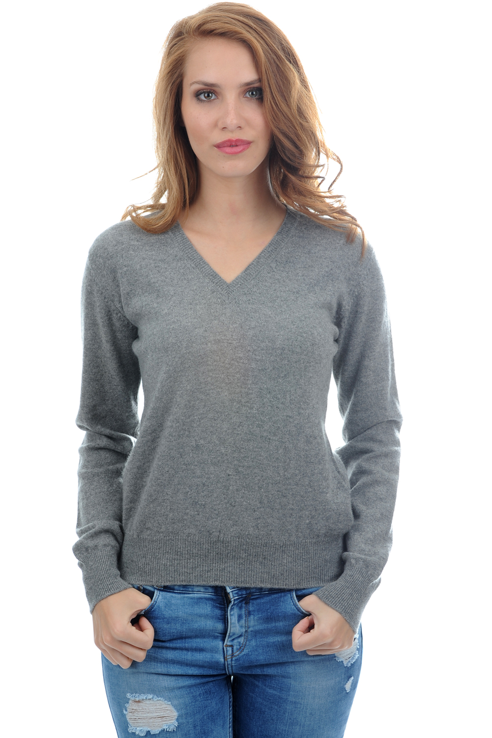 Cachemire pull femme col v faustine gris chine xl