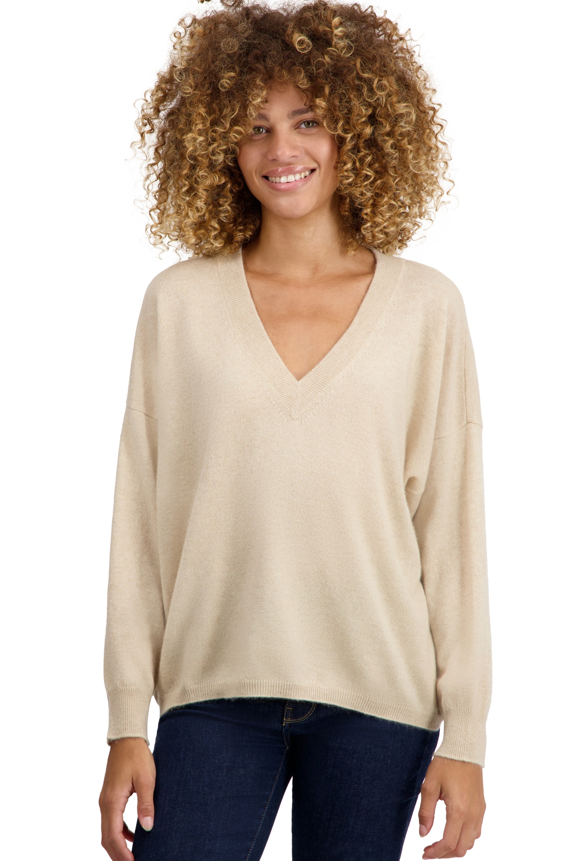 Cachemire pull femme col v theia natural beige m