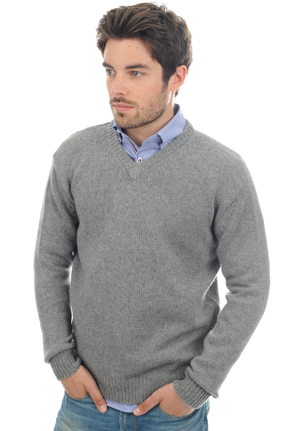 Cachemire pull homme col v atman gris chine xs