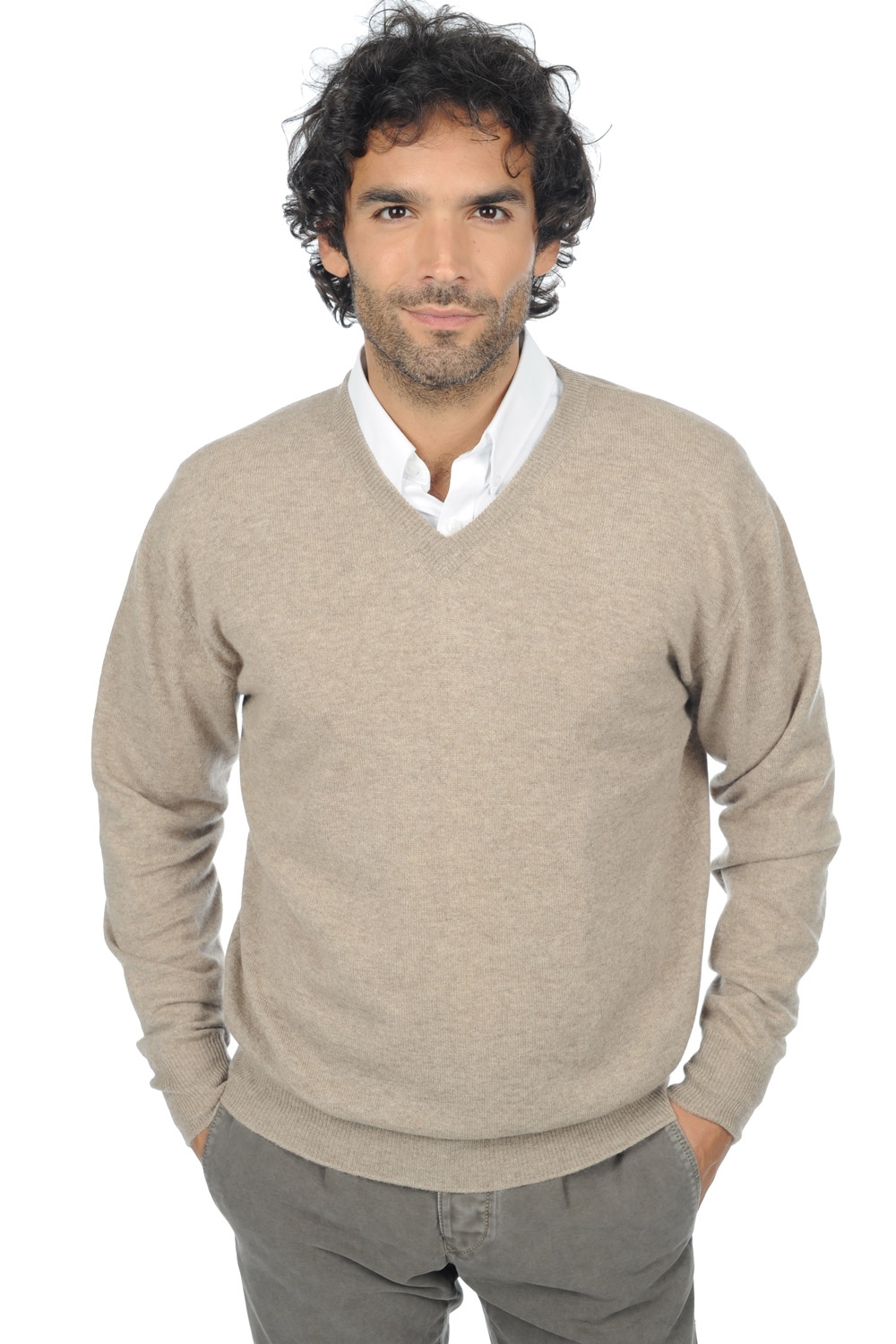 Cachemire pull homme col v hippolyte natural brown s