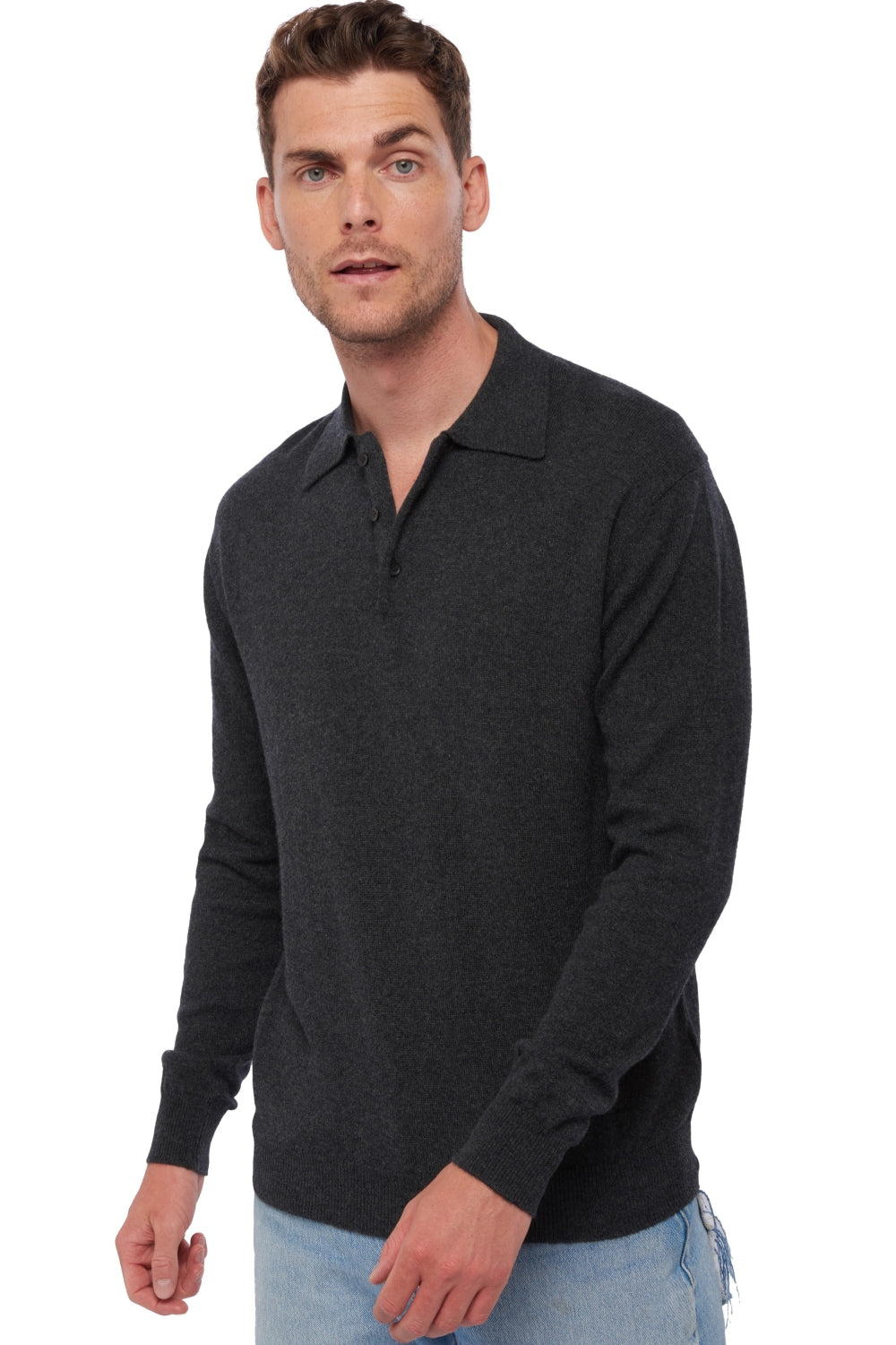 Polo en cachemire, 100 % Cachemire, homme, col col polo, fermeture à boutons, coupe droite, manches longues, normale / 2 et 4 fils, tricot normal, Mahogany