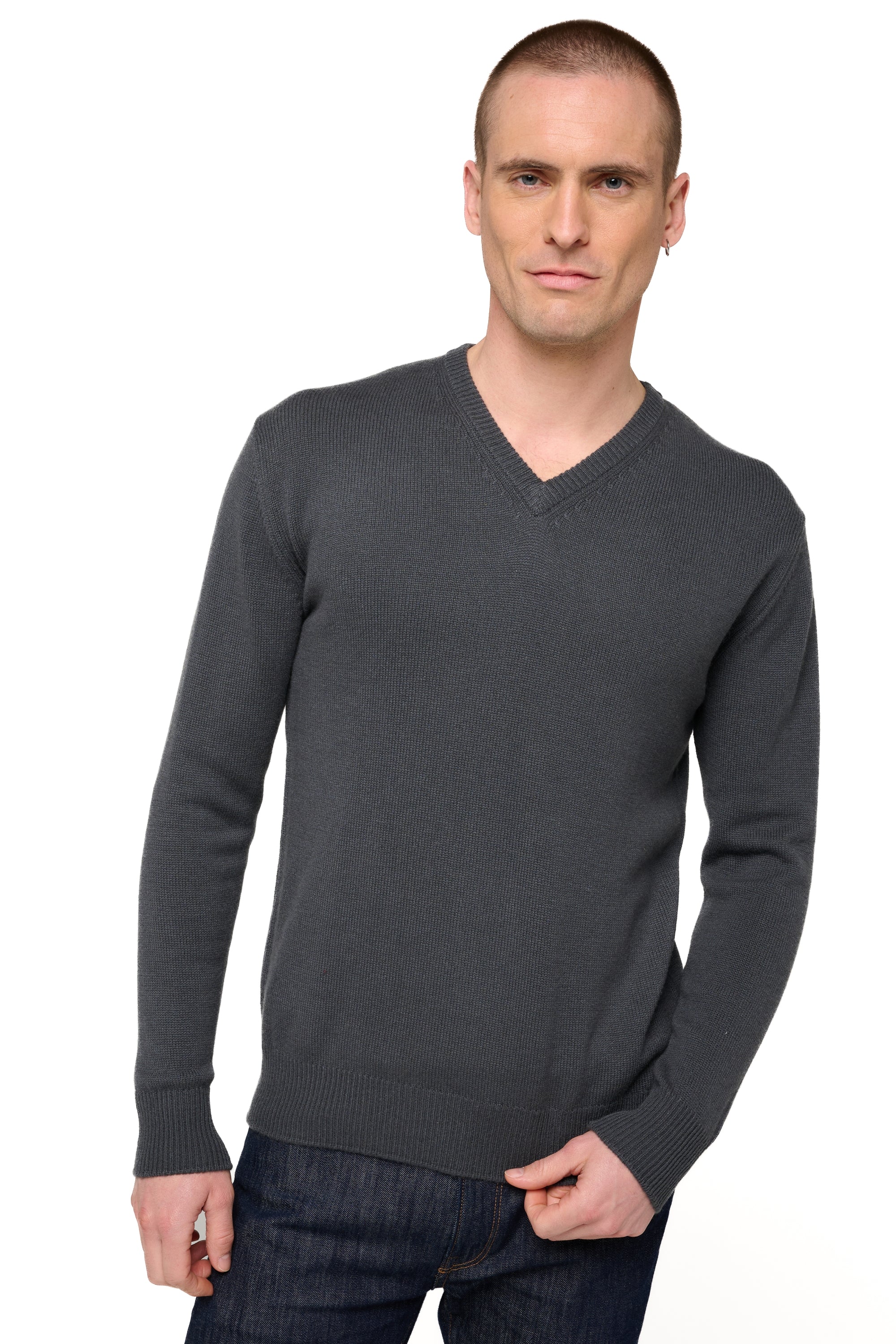 Pull en cachemire, 100 % Cachemire, homme, col col v, coupe droite, manches longues, normale / 2 et 4 fils, tricot normal, Mahogany