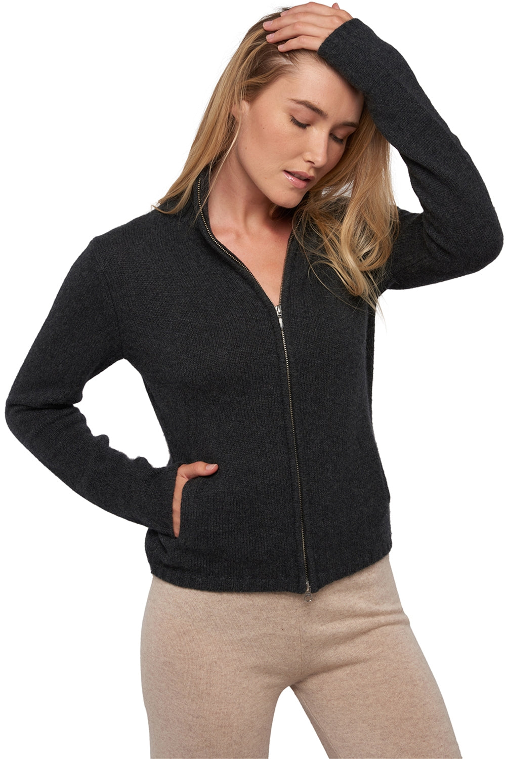 Cardigan en cachemire, 100 % Cachemire, femme, col col montant / col cheminée, fermeture zip, coupe droite, manches longues, grosse / 6 fils et +, tricot normal, Mahogany