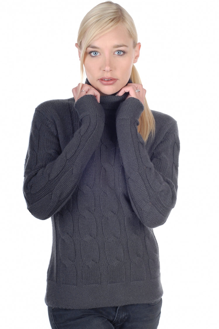 Pull en cachemire, 100 % Cachemire, femme, col col roulé, coupe droite, manches longues, grosse / 6 fils et +, torsade, Mahogany