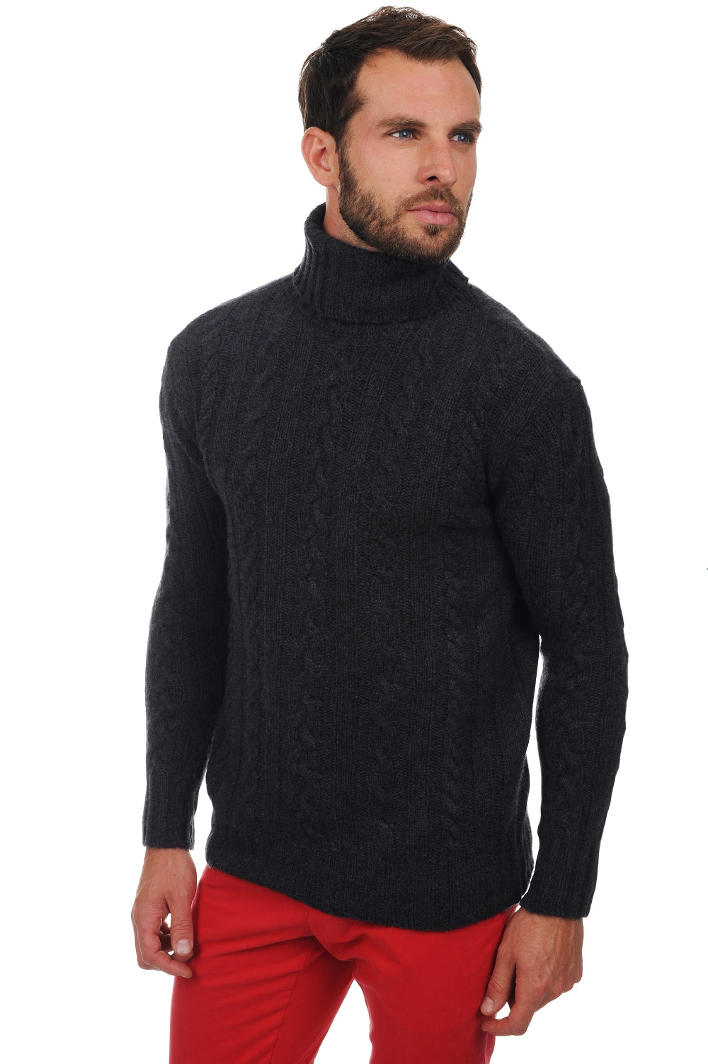 Pull en cachemire, 100 % Cachemire, homme, col col roulé, coupe droite, manches longues, grosse / 6 fils et +, torsade, Mahogany