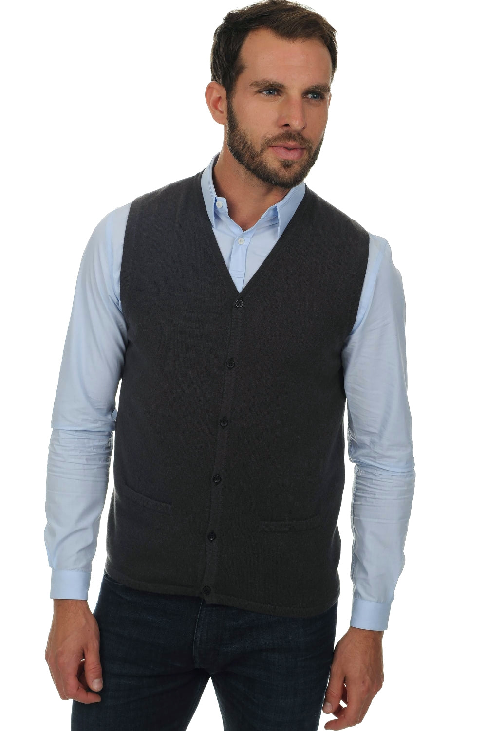 Cardigan en cachemire, 100 % Cachemire, homme, col col v, fermeture à boutons, coupe ajustée, sans manches, normale / 2 et 4 fils, tricot normal, Mahogany