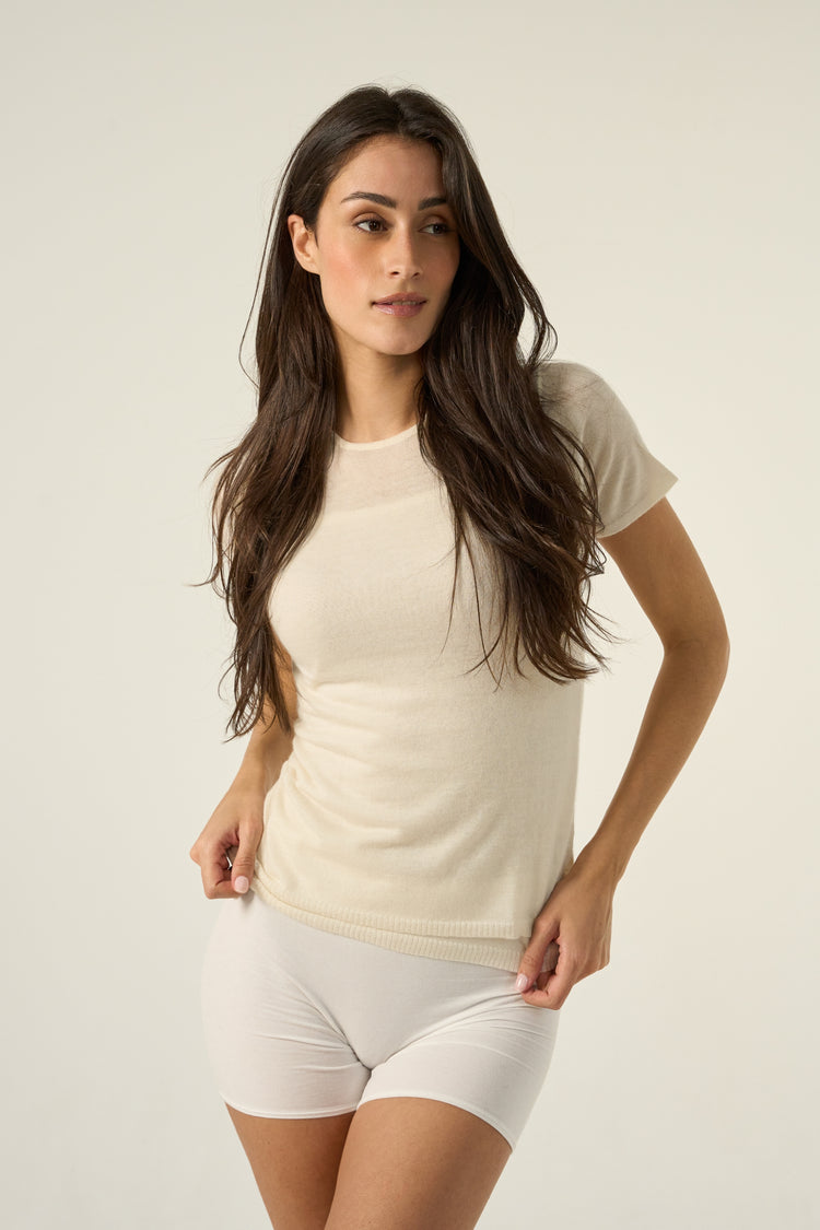 Tshirt en duvet de cachemire, 100 % duvet de Cachemire, femme, col col rond, coupe droite, manches courtes, normale / 2 et 4 fils, tricot normal, Mahogany