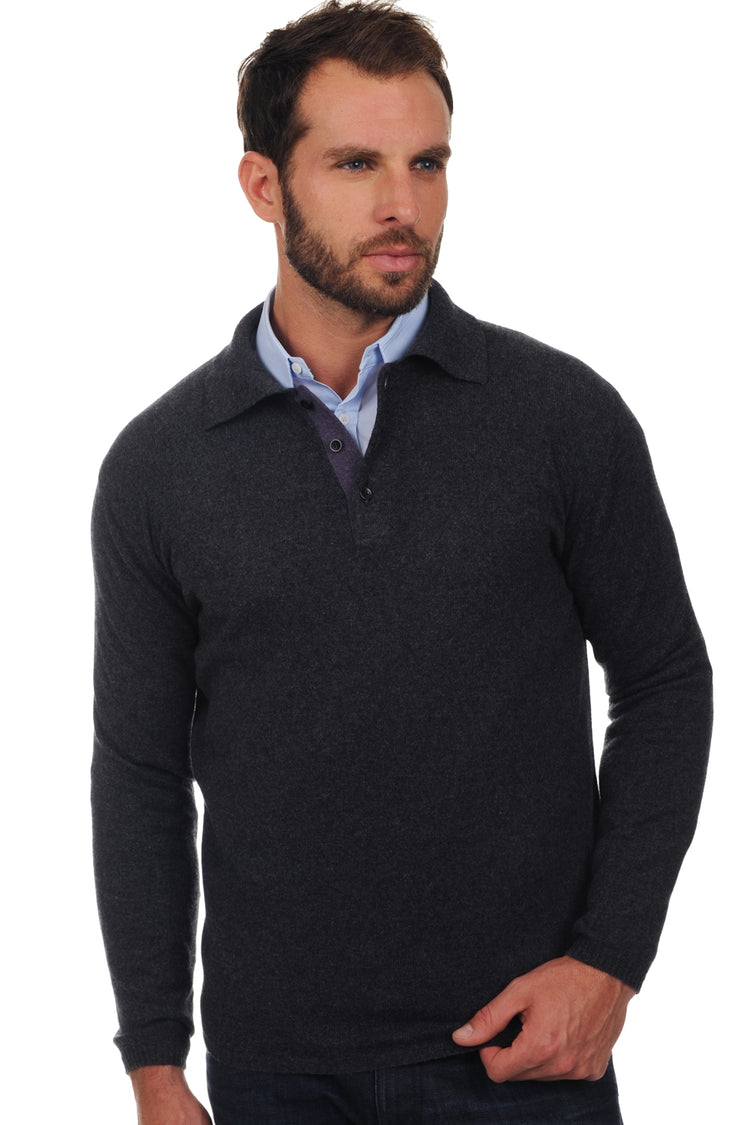 Polo en cachemire, 100 % Cachemire, homme, col , fermeture à boutons, coupe droite, manches longues, fine, , Mahogany