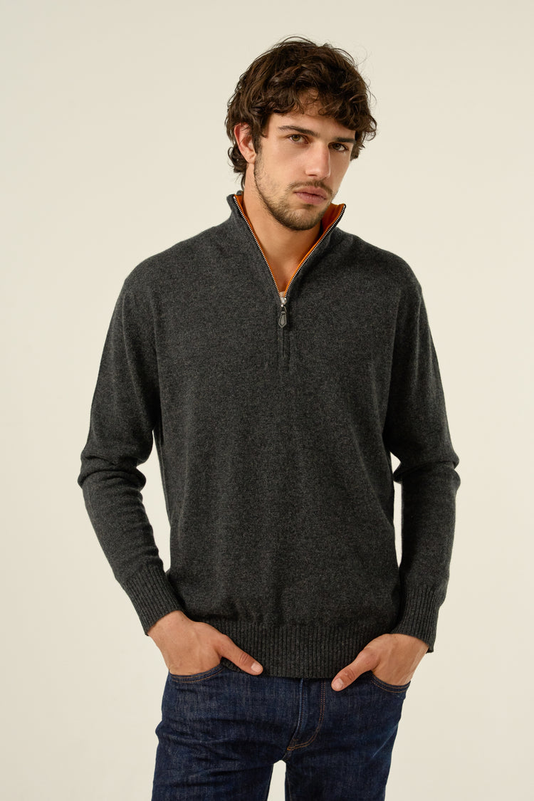Pull en cachemire, 100 % Cachemire, homme, col col camioneur, fermeture zip, coupe droite, manches longues, normale / 2 et 4 fils, tricot normal, Mahogany