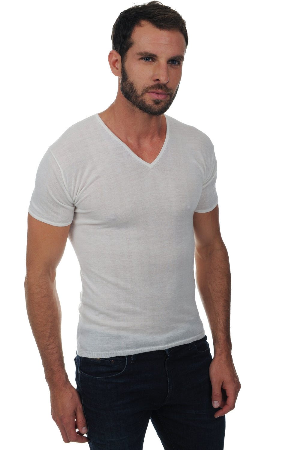 Tshirt en duvet de cachemire, 100 % duvet de Cachemire, homme, col col v, coupe , manches courtes, fine, , Mahogany