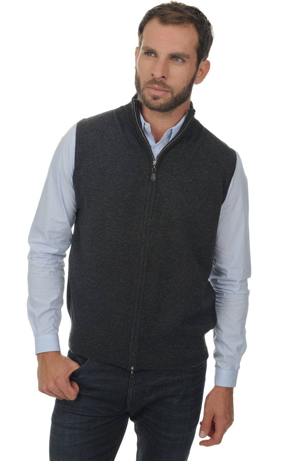 Cardigan en cachemire, 100 % Cachemire, homme, col col montant / col cheminée, fermeture zip, coupe droite, sans manches, normale / 2 et 4 fils, tricot normal, Mahogany