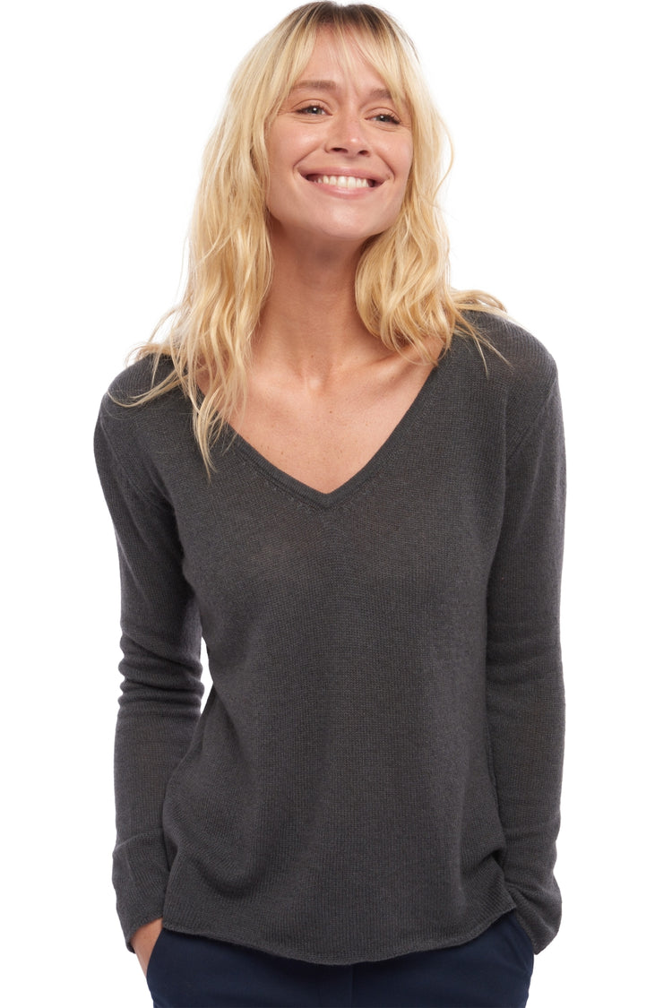 Pull en cachemire, 100 % Cachemire, femme, col col v, coupe ample, manches longues, fine, tricot déjaugé, Mahogany
