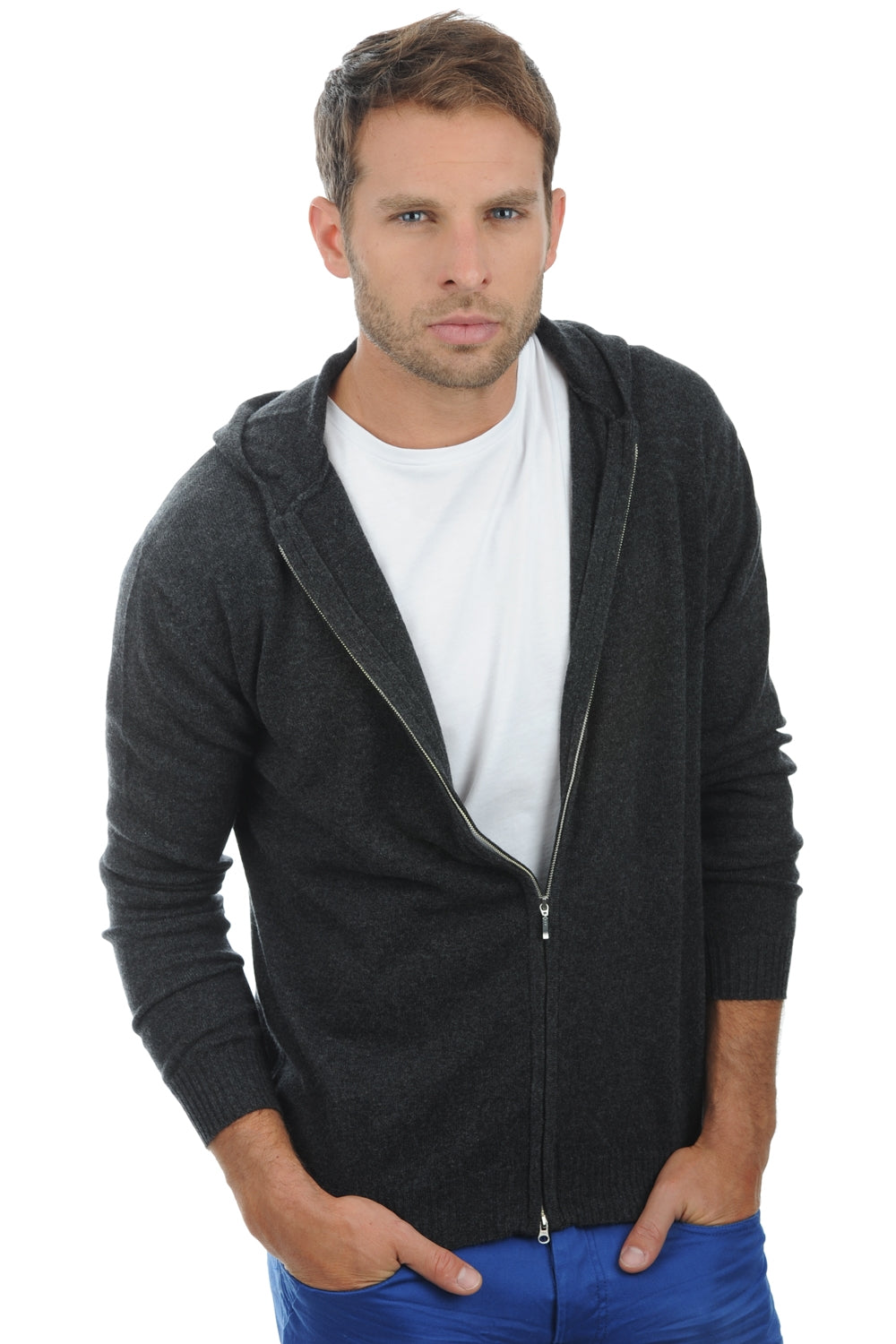 Sweatshirt en cachemire, 100 % Cachemire, homme, capuche, fermeture zip, coupe droite, manches longues, normale / 2 et 4 fils, tricot normal, Mahogany