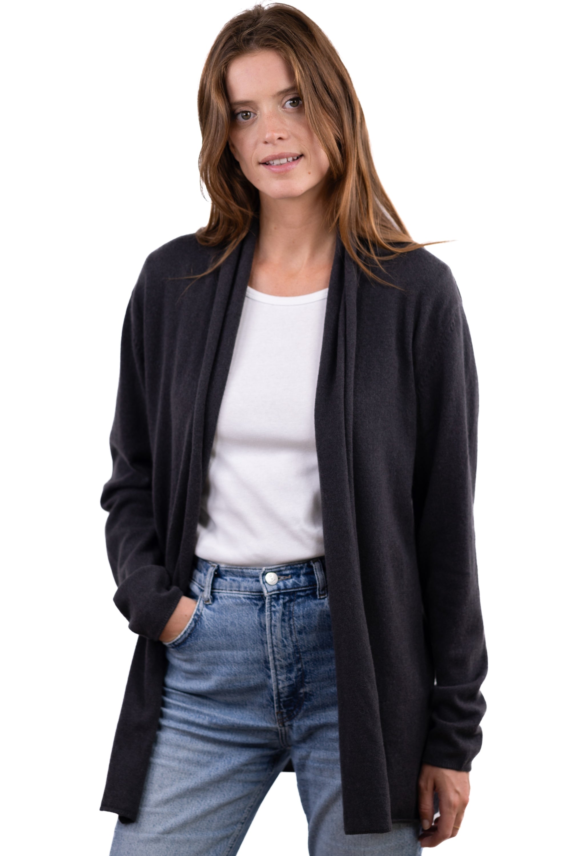 Veste en cachemire, 100 % Cachemire, femme, sans col, coupe droite, manches longues, fine, , Mahogany