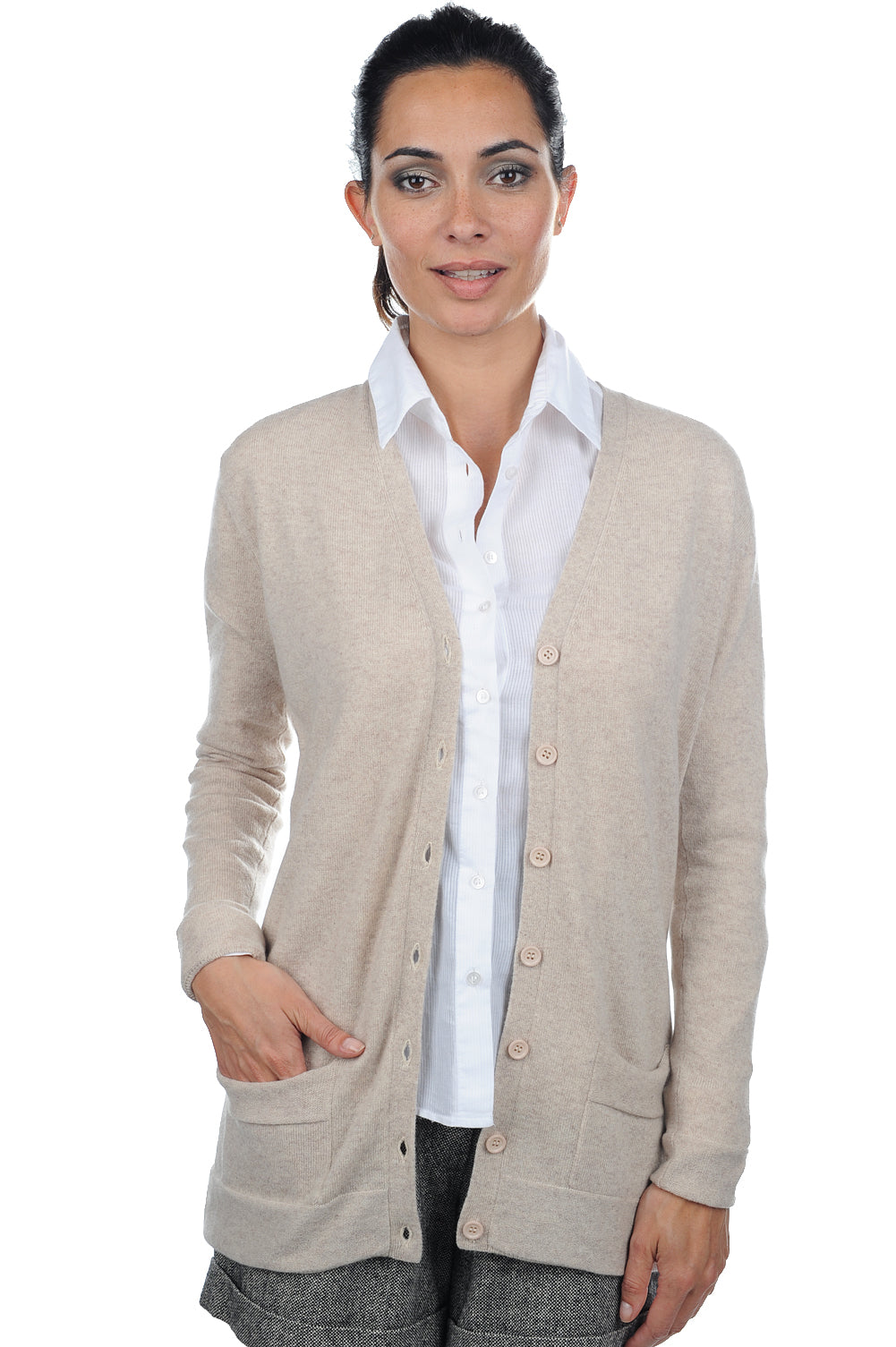 Cardigan en cachemire, 100 % Cachemire, femme, col col v, fermeture à boutons, coupe droite, manches longues, normale / 2 et 4 fils, tricot normal, Mahogany