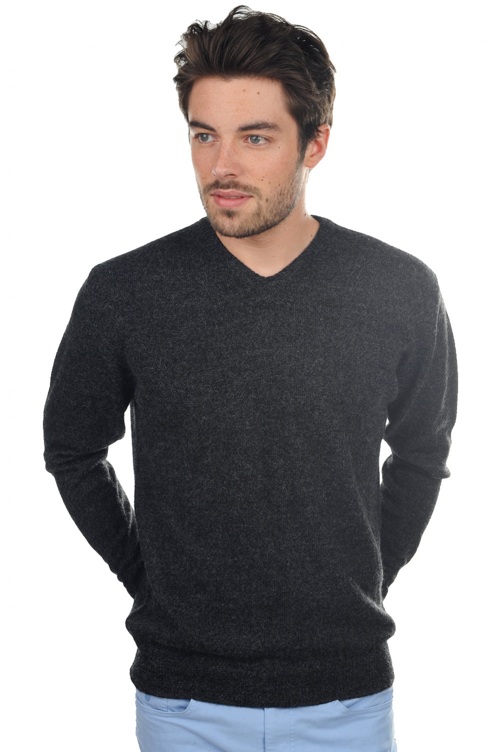 Pull en baby alpaga, 100 % Baby Alpaga, homme, col col v, coupe droite, manches longues, normale / 2 et 4 fils, tricot normal, Mahogany