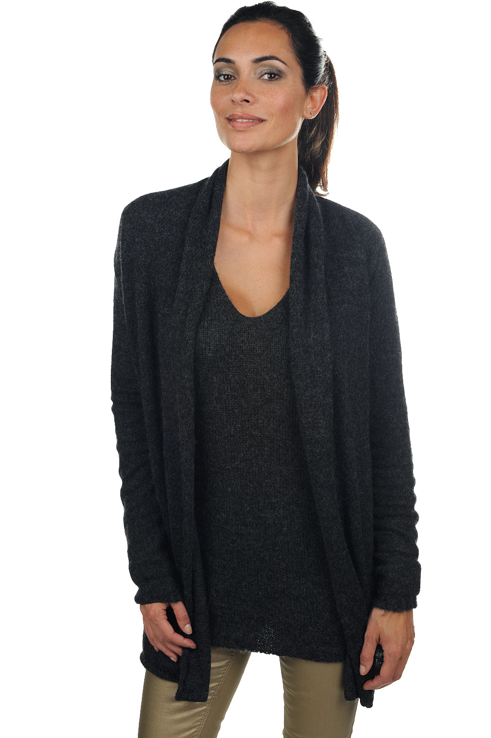 Veste en baby alpaga, 100 % Baby Alpaga, femme, sans col, coupe droite, manches longues, fine, , Mahogany
