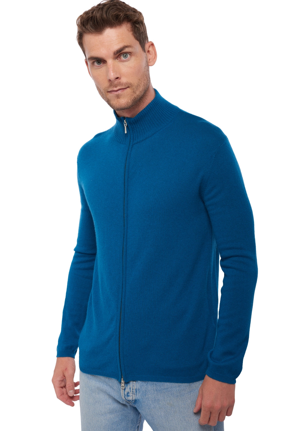 Cardigan en cachemire, 100 % Cachemire, homme, col col montant / col cheminée, fermeture zip, coupe droite, manches longues, normale / 2 et 4 fils, tricot normal, Mahogany