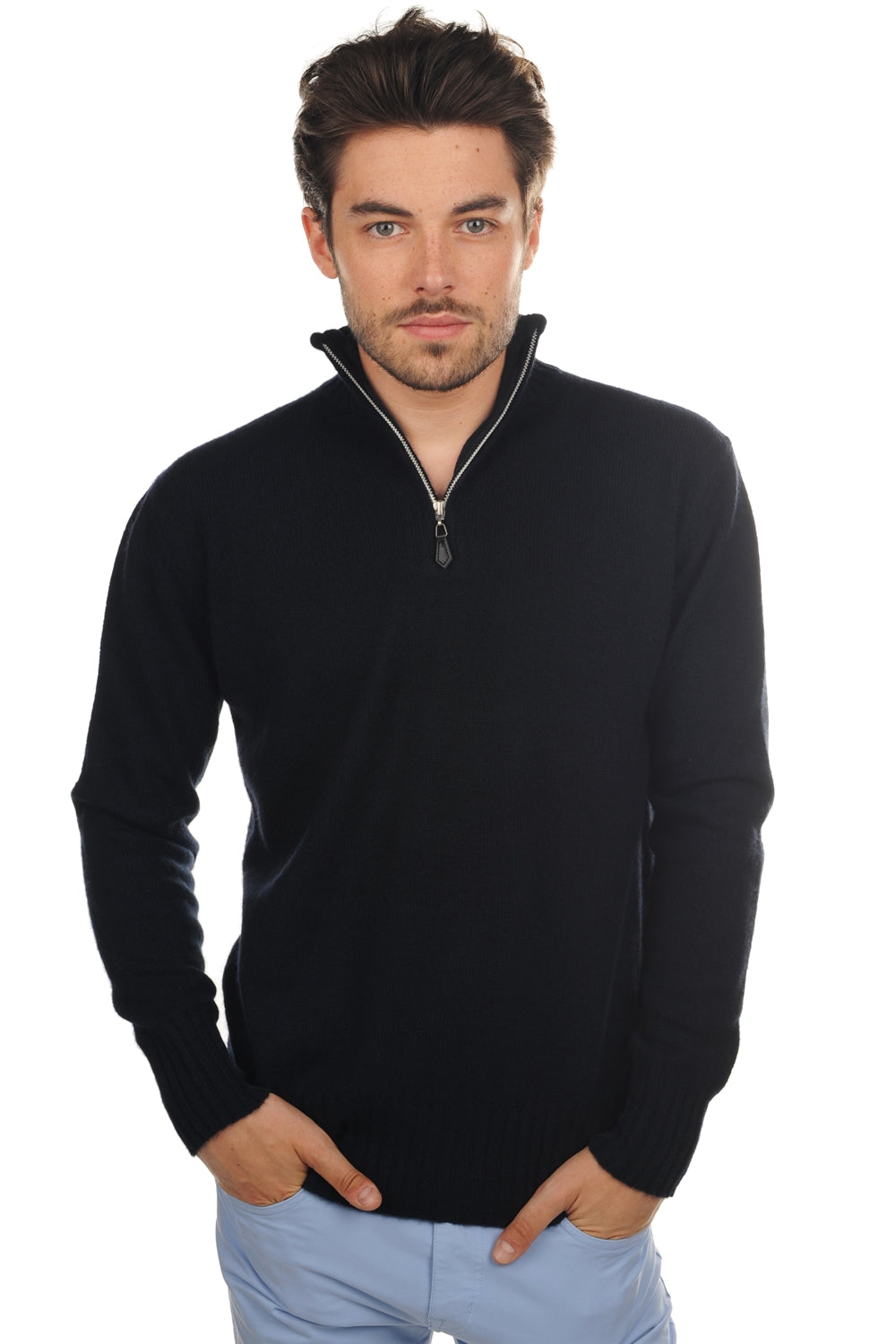 Pull en yak, 100 % Yak, homme, col col camioneur, fermeture zip, coupe droite, manches longues, normale / 2 et 4 fils, tricot normal, Mahogany