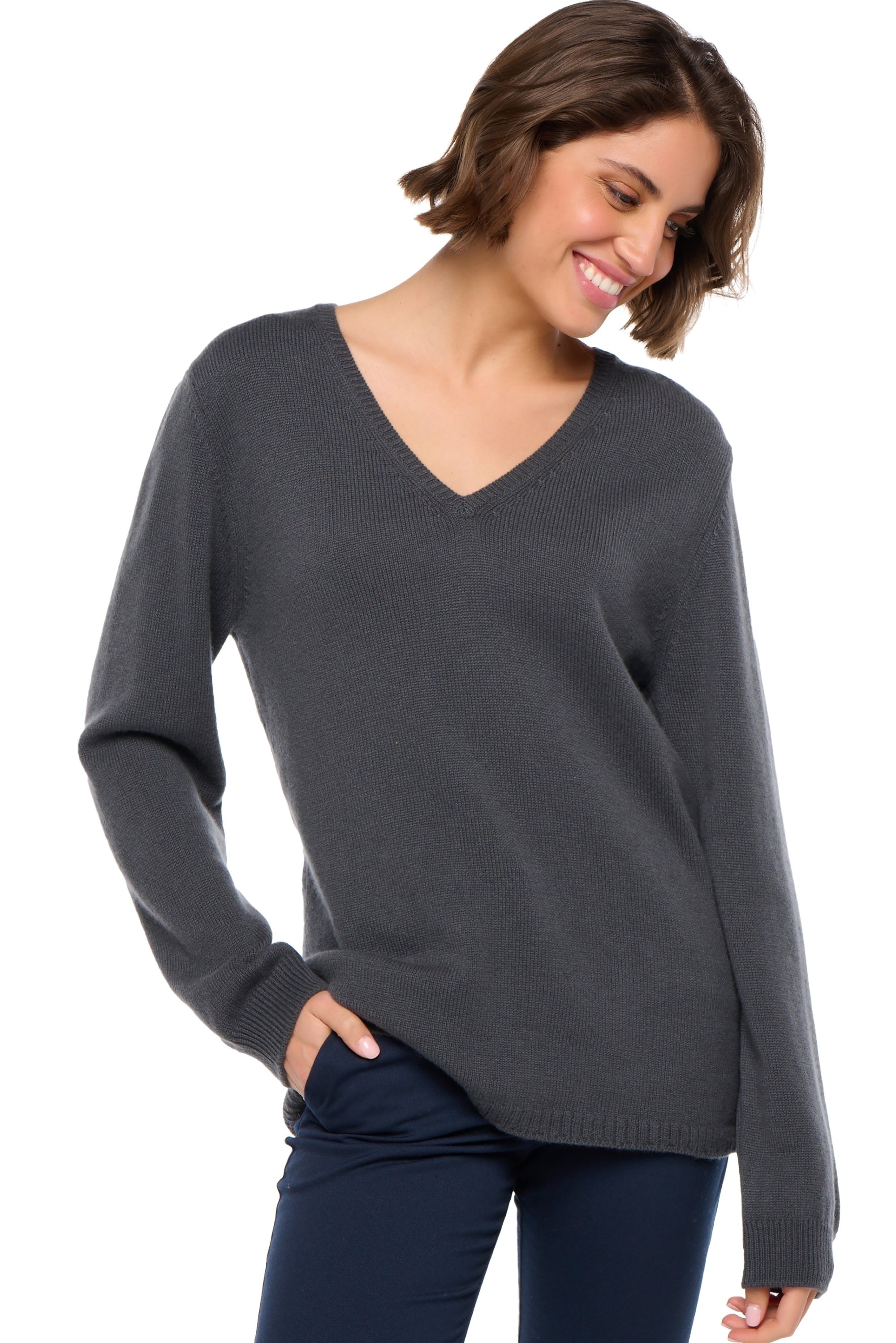 Pull en cachemire, 100 % Cachemire, femme, col col v, coupe droite, manches longues, normale / 2 et 4 fils, tricot normal, Mahogany