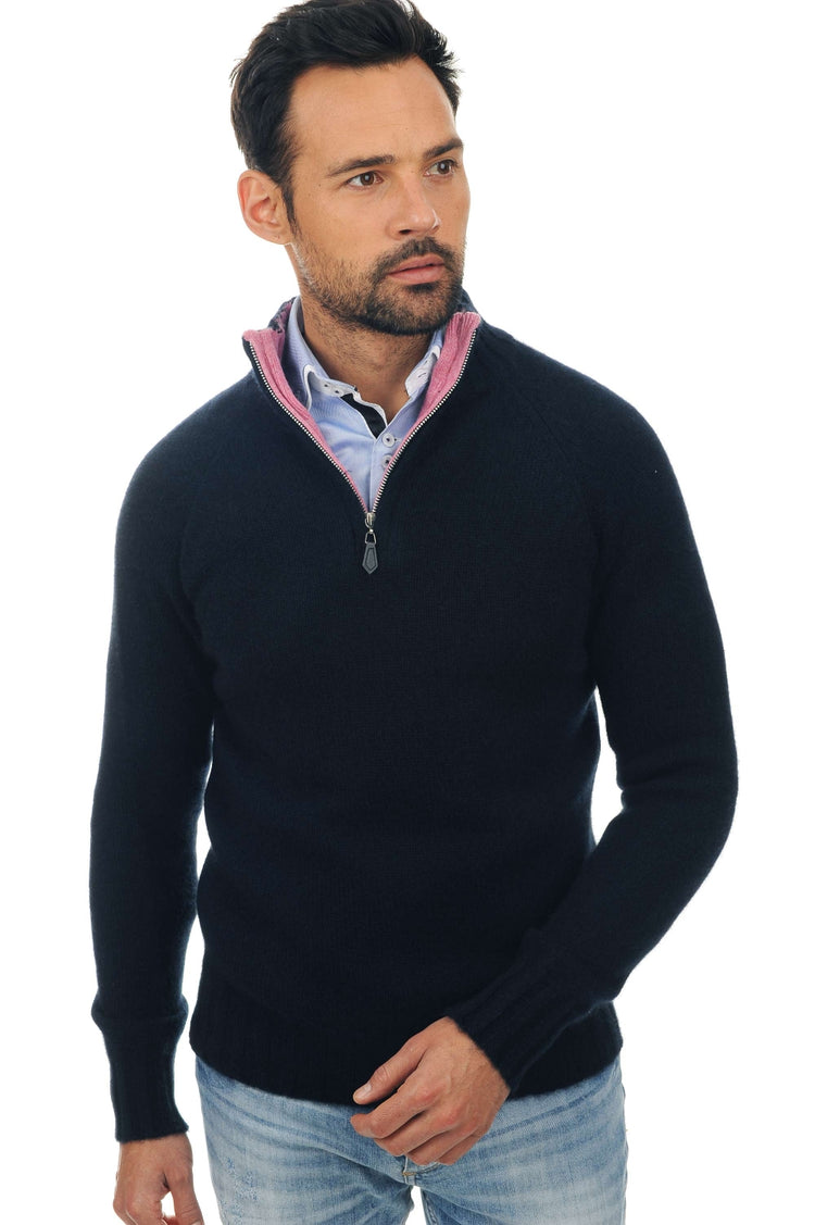 Pull en cachemire et yak, 100 % Cachemire & 100 % Yak, homme, col col camioneur, fermeture zip, coupe droite, manches raglan, normale / 2 et 4 fils, tricot normal, Mahogany