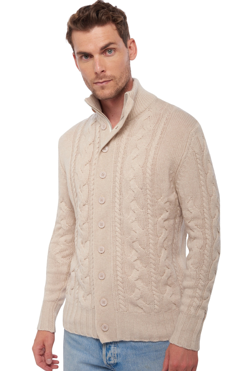 Pull en cachemire, 100 % Cachemire, homme, col col montant / col cheminée, fermeture zip, coupe droite, manches longues, grosse / 6 fils et +, torsade, Mahogany