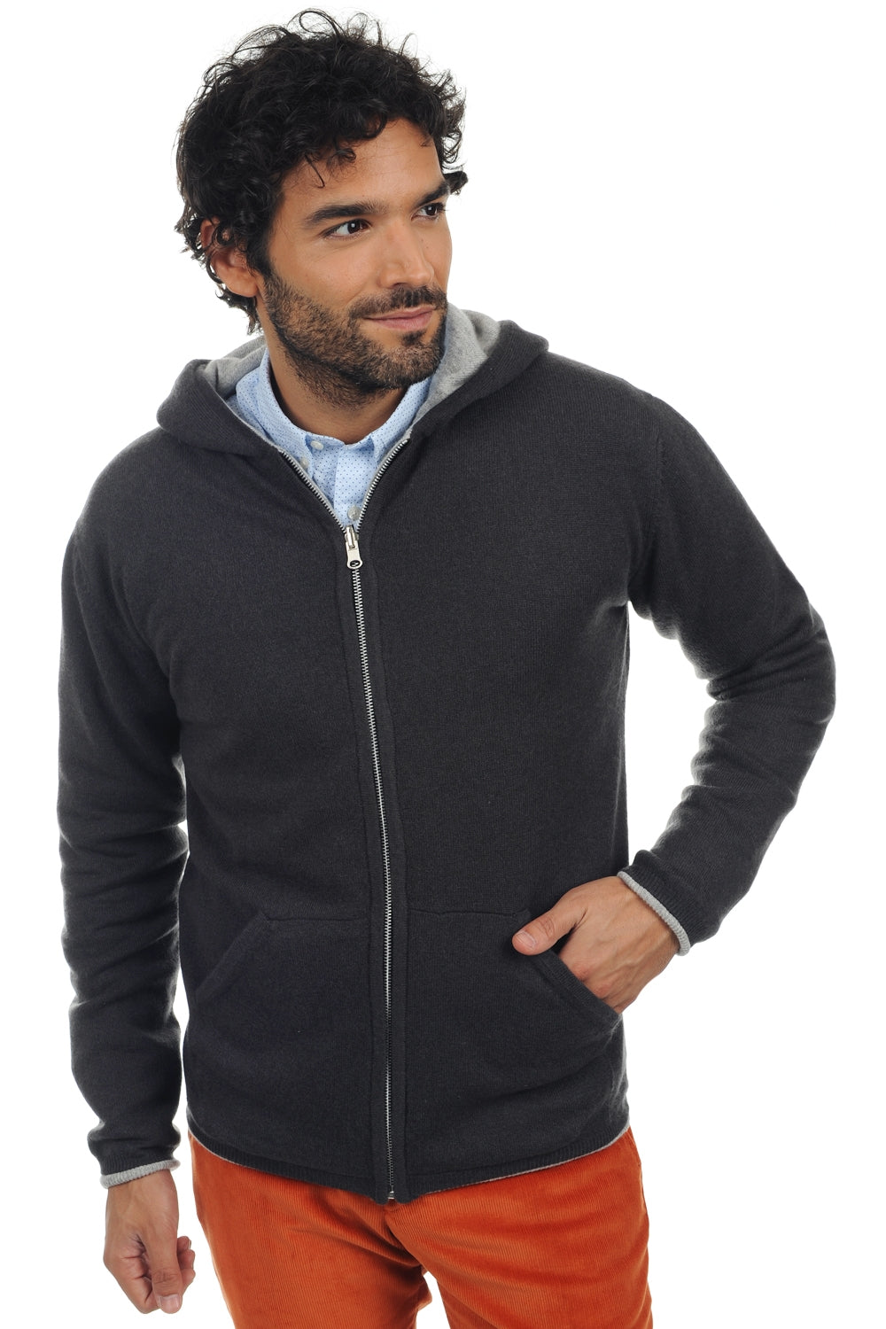 Sweatshirt en cachemire, 100 % Cachemire, homme, capuche, fermeture zip, coupe droite, manches longues, normale / 2 et 4 fils, tricot normal, Mahogany