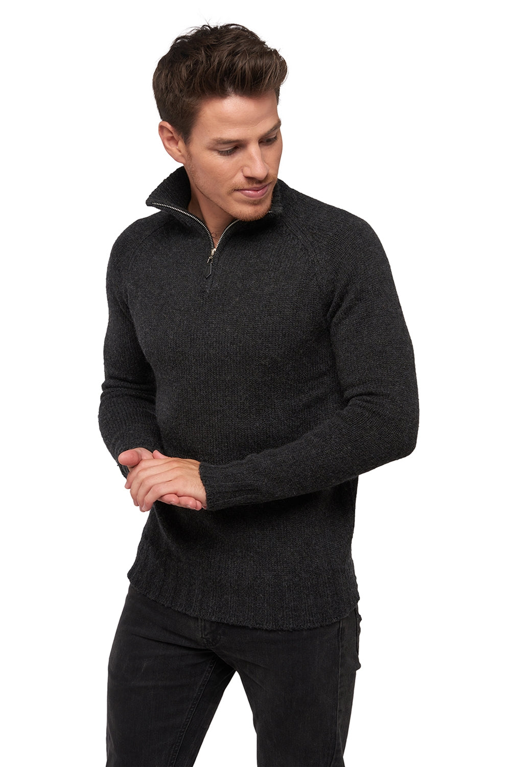 Pull en chameau, 100 % Chameau, homme, col col camioneur, fermeture zip, coupe droite, manches longues, grosse / 6 fils et +, tricot normal, Mahogany
