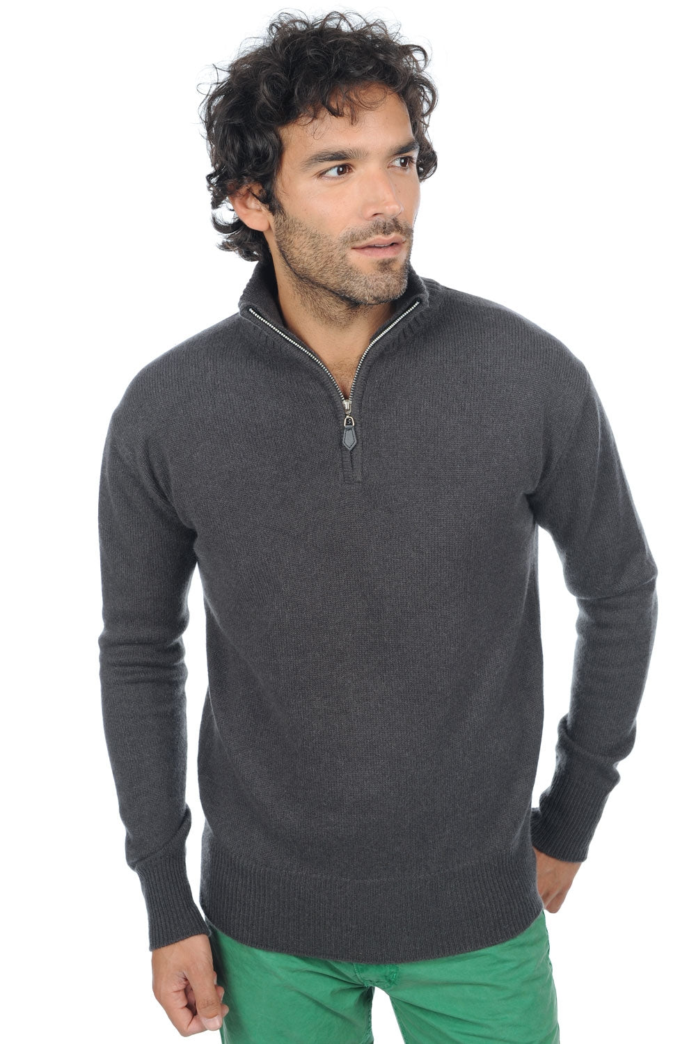Pull en cachemire, 100 % Cachemire, homme, col col camioneur, fermeture zip, coupe droite, manches longues, normale / 2 et 4 fils, tricot normal, Mahogany