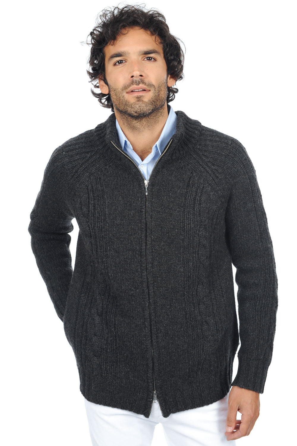 Cardigan en chameau, 100 % Chameau, homme, col col montant / col cheminée, fermeture zip, coupe droite, manches longues, grosse / 6 fils et +, torsade, Mahogany