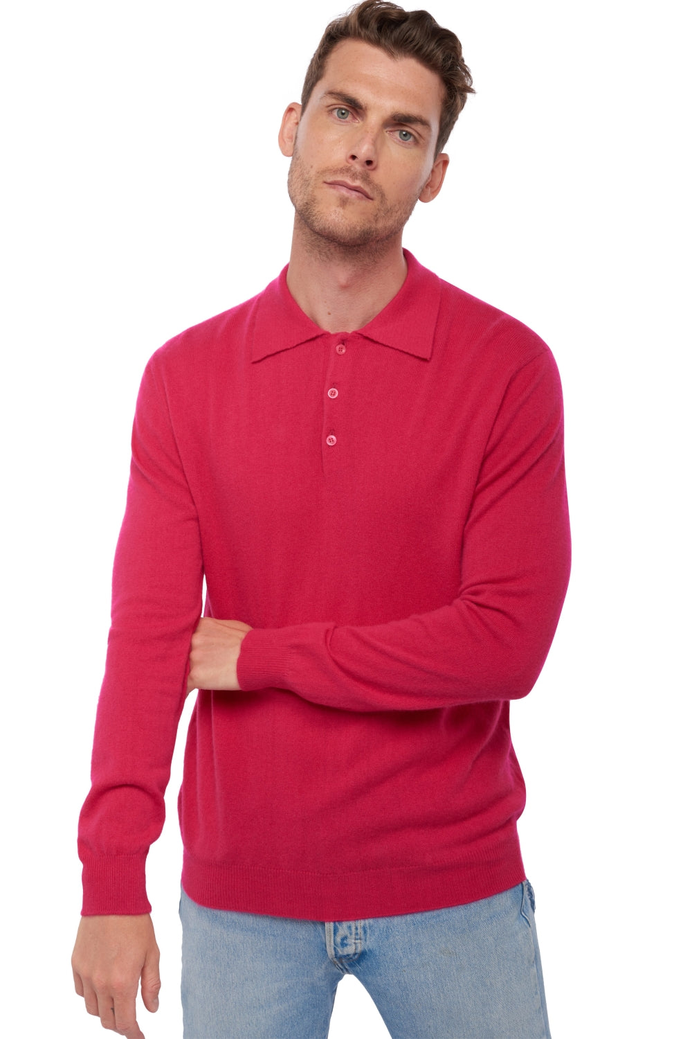 Polo en cachemire, 100 % Cachemire, homme, col col polo, fermeture à boutons, coupe droite, manches longues, normale / 2 et 4 fils, tricot normal, Mahogany