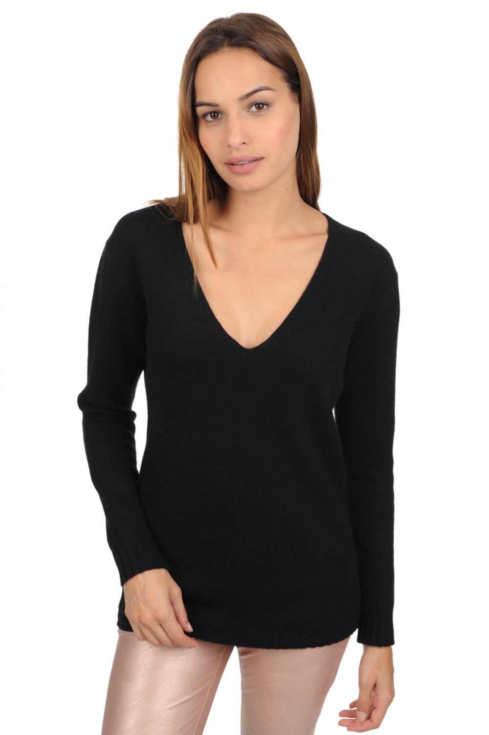 Pull en cachemire, 100 % Cachemire, femme, col col v, coupe droite, manches longues, grosse / 6 fils et +, tricot normal, Mahogany