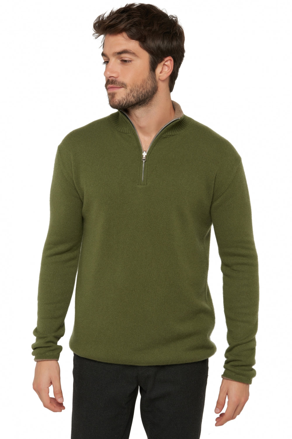 Pull en cachemire, 100 % Cachemire, homme, col col camioneur, fermeture zip, coupe droite, manches longues, normale / 2 et 4 fils, tricot normal, Mahogany