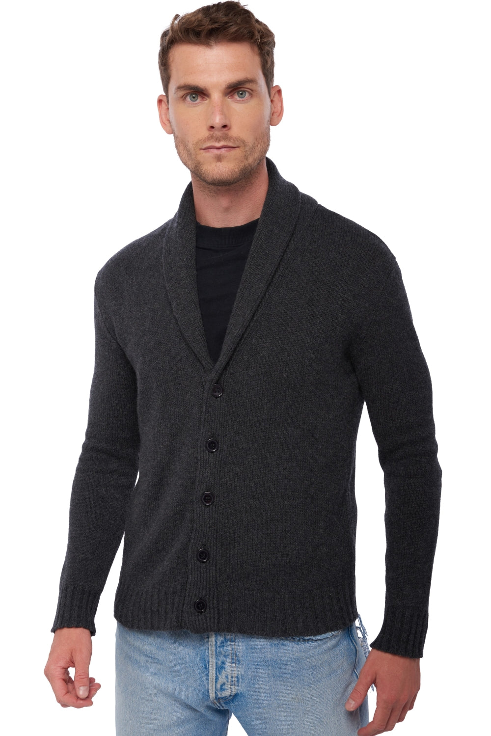 Cardigan en cachemire, 100 % Cachemire, homme, col col châle, fermeture à boutons, coupe droite, manches longues, grosse / 6 fils et +, tricot normal, Mahogany