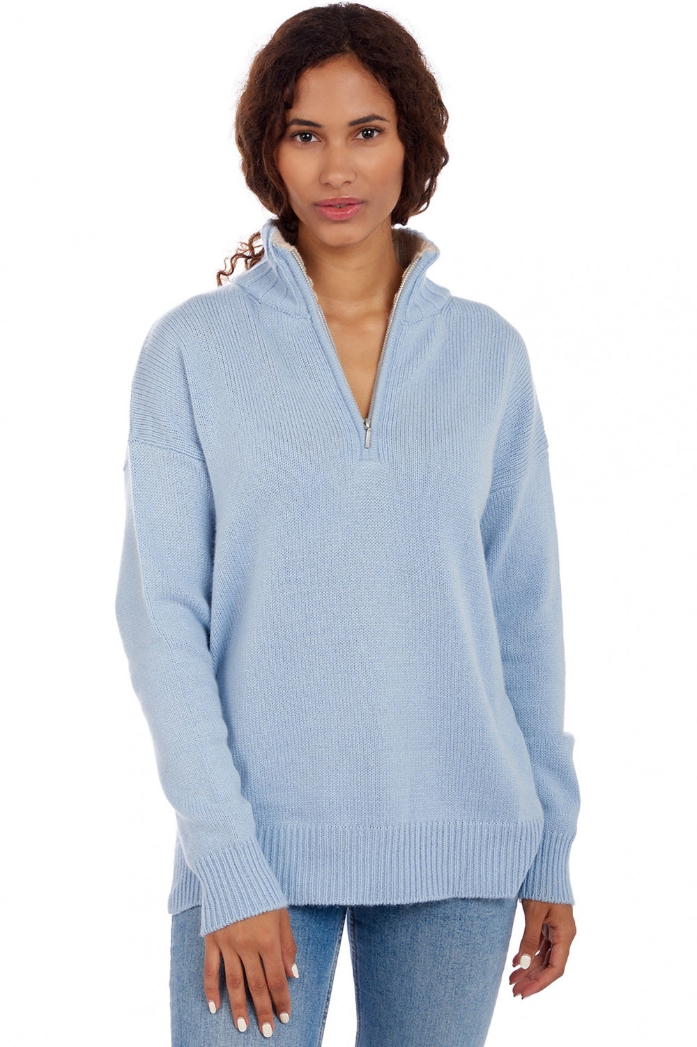 Pull en cachemire, 100 % Cachemire, femme, col col camioneur, fermeture zip, coupe ample, manches longues, grosse / 6 fils et +, tricot normal, Mahogany