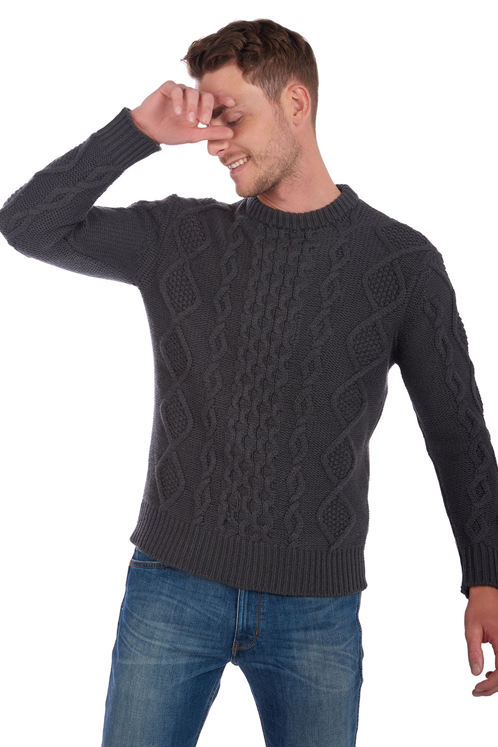 Pull en cachemire, 100 % Cachemire, homme, col col rond, coupe droite, manches longues, grosse / 6 fils et +, torsade, Mahogany