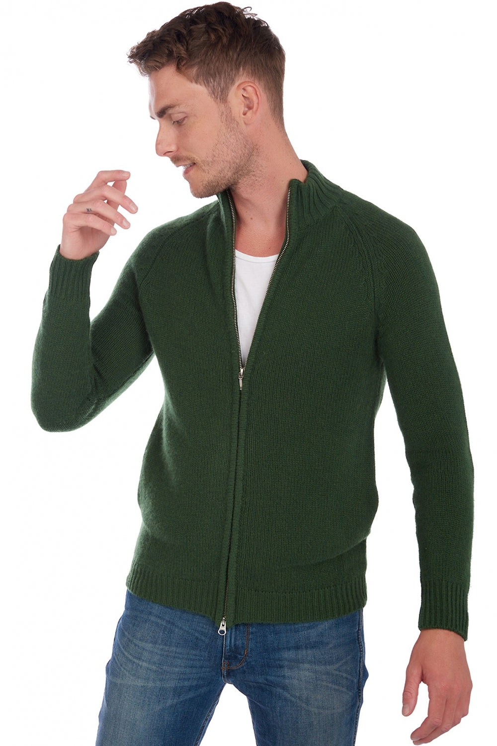 Cardigan en cachemire, 100 % Cachemire, homme, col col camioneur, fermeture zip, coupe droite, manches longues, grosse / 6 fils et +, tricot normal, Mahogany