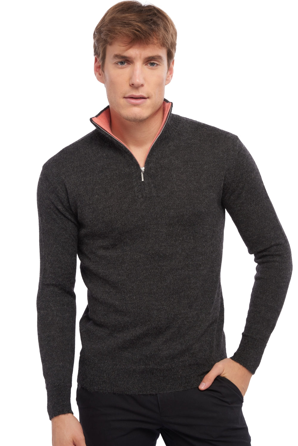 Pull en baby alpaga & cachemire, 100 % Baby Alpaga & 100 % Cachemire, homme, col col camioneur, fermeture zip, coupe droite, manches longues, normale / 2 et 4 fils, tricot normal, Mahogany