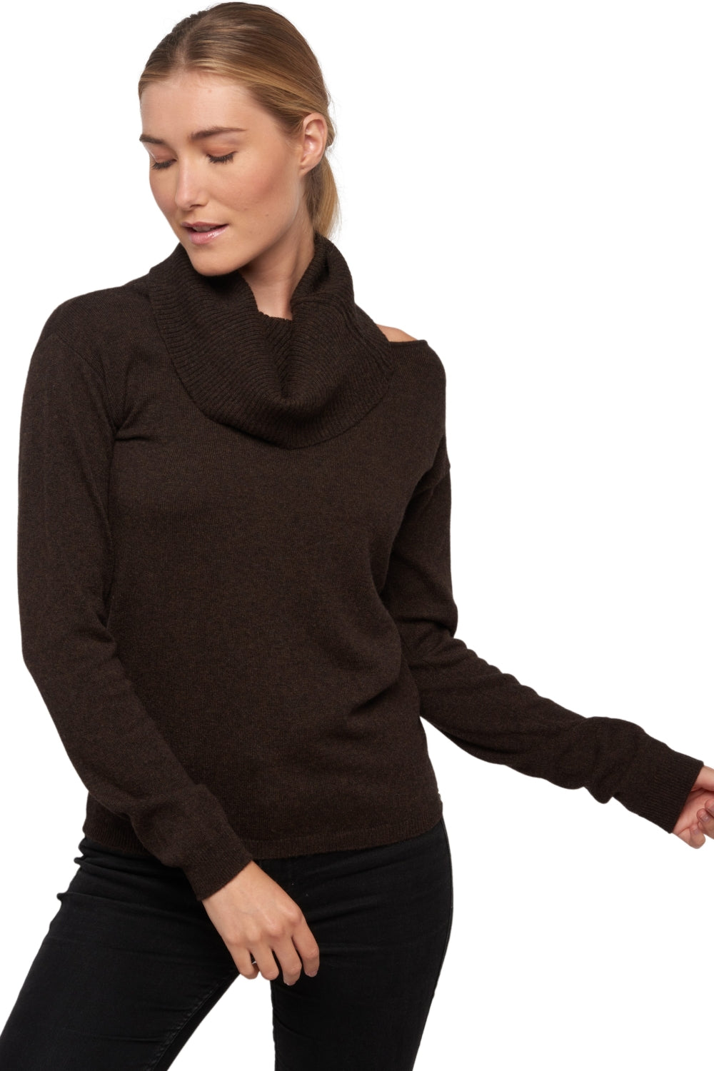 Pull en cachemire, 100 % Cachemire, femme, col col roulé, coupe droite, manches longues, normale / 2 et 4 fils, tricot normal, Mahogany