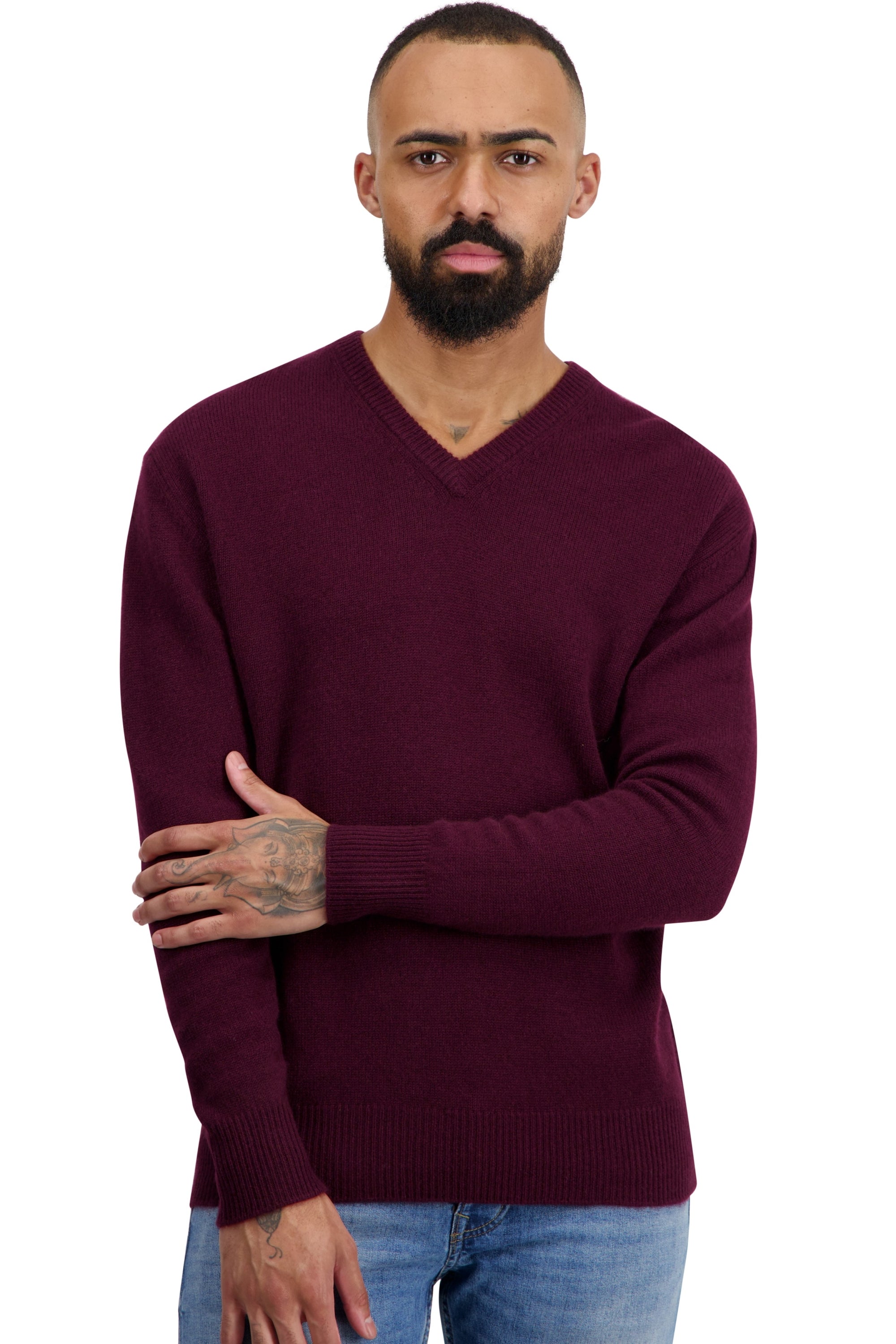 Pull en cachemire, 100 % Cachemire, homme, col col v, coupe droite, manches longues, normale / 2 et 4 fils, tricot normal, Mahogany