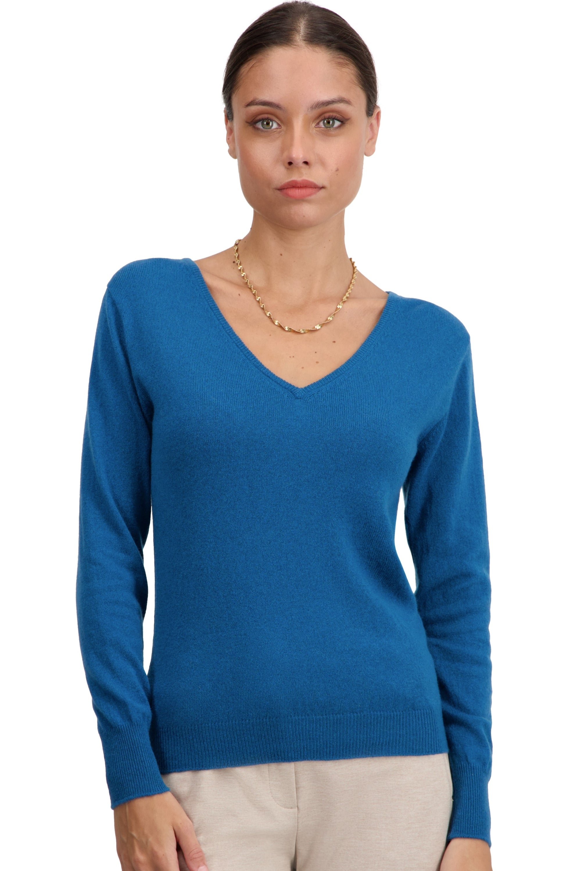 Pull en cachemire, 100 % Cachemire, femme, col col v, coupe droite, manches longues, normale / 2 et 4 fils, tricot normal, Mahogany