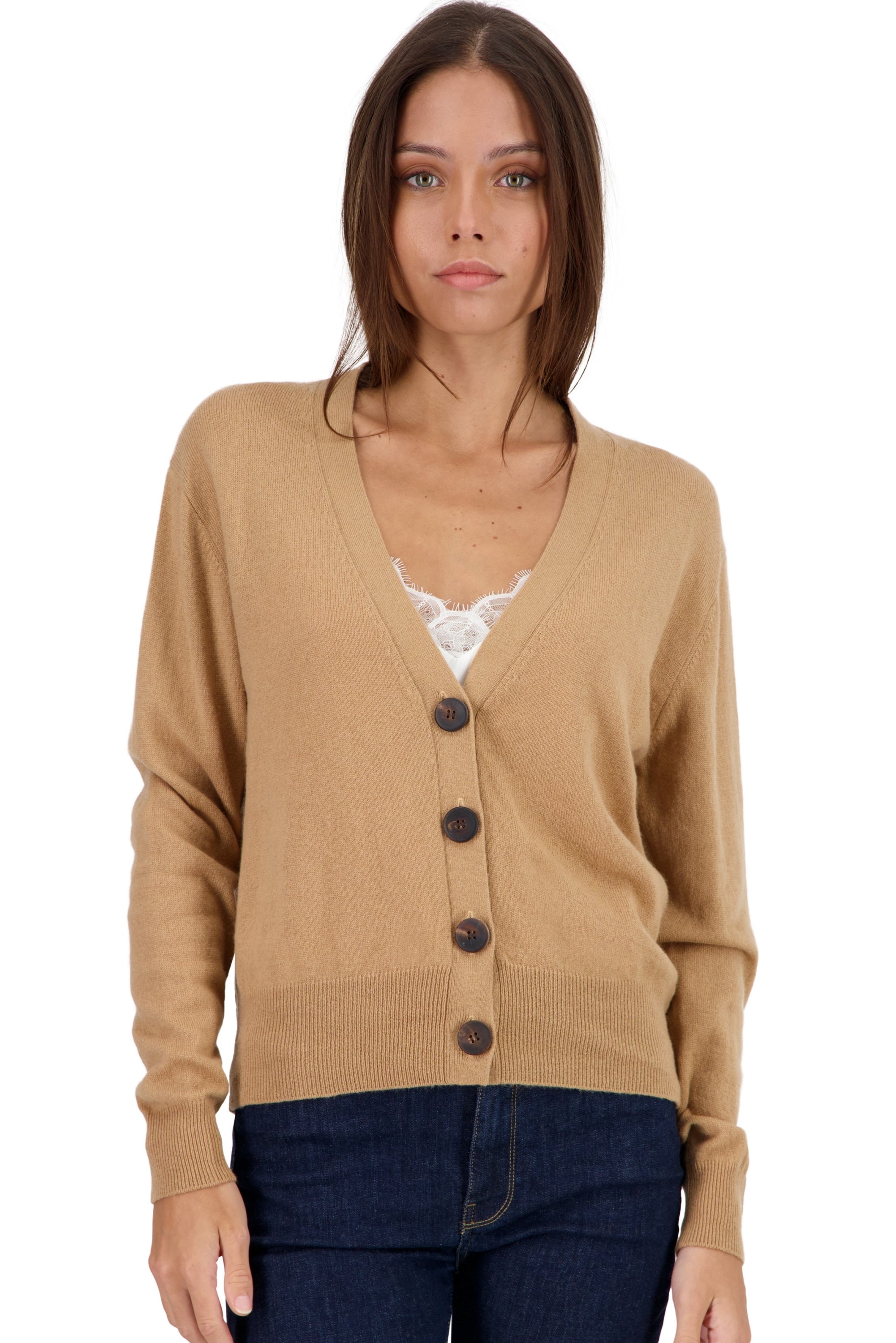 Cardigan en cachemire, 100 % Cachemire, femme, col col v, fermeture à boutons, coupe droite, manches longues, normale / 2 et 4 fils, tricot normal, Mahogany