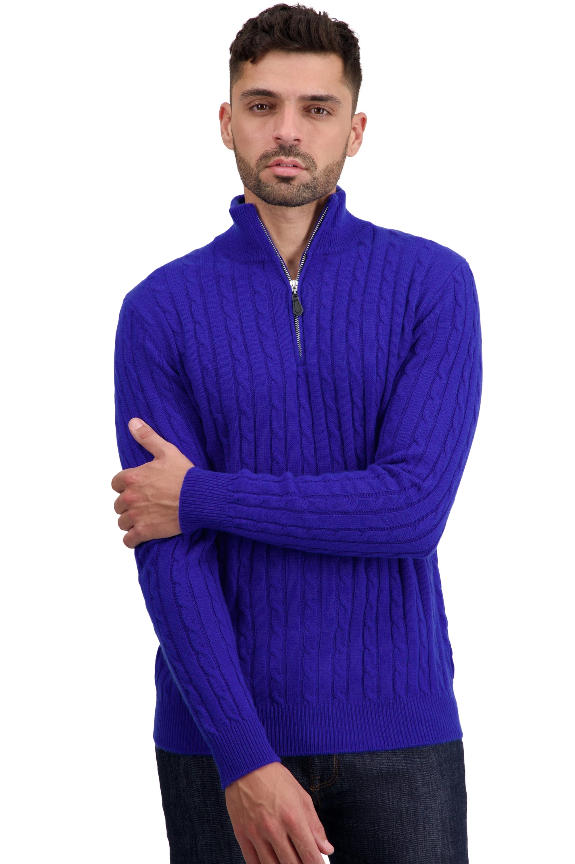 Pull en cachemire, 100 % Cachemire, homme, col col camioneur, fermeture zip, coupe droite, manches longues, normale / 2 et 4 fils, torsade, Mahogany