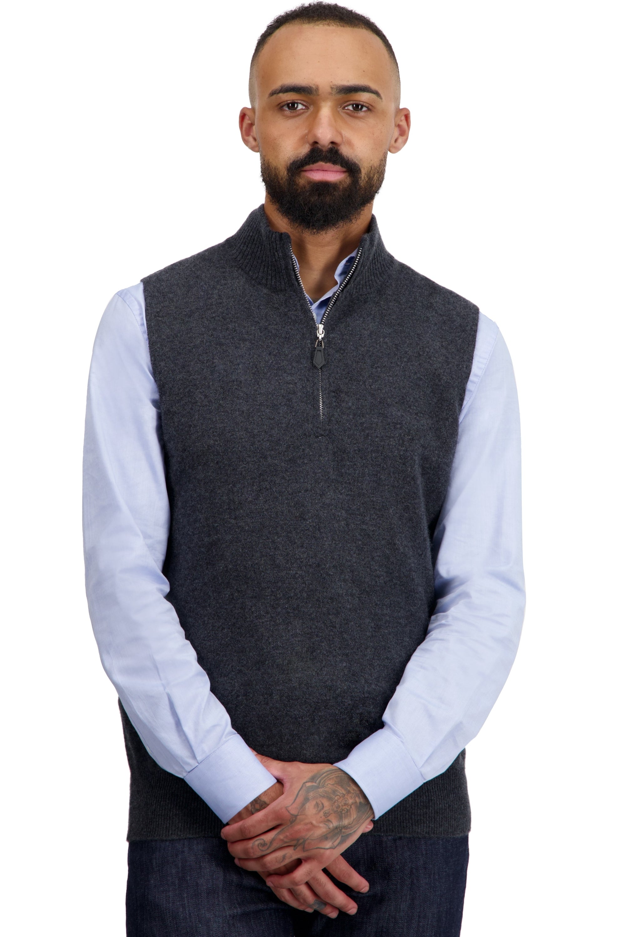 Pull en cachemire, 100 % Cachemire, homme, col col camioneur, fermeture zip, coupe droite, sans manches, normale / 2 et 4 fils, tricot normal, Mahogany