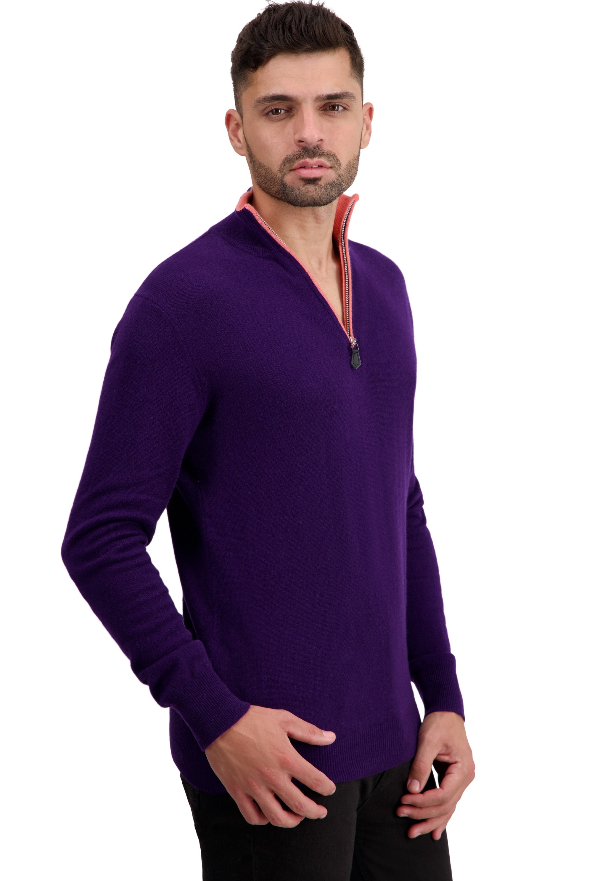Pull en cachemire, 100 % Cachemire, homme, col col camioneur, fermeture zip, coupe droite, manches longues, normale / 2 et 4 fils, tricot normal, Mahogany