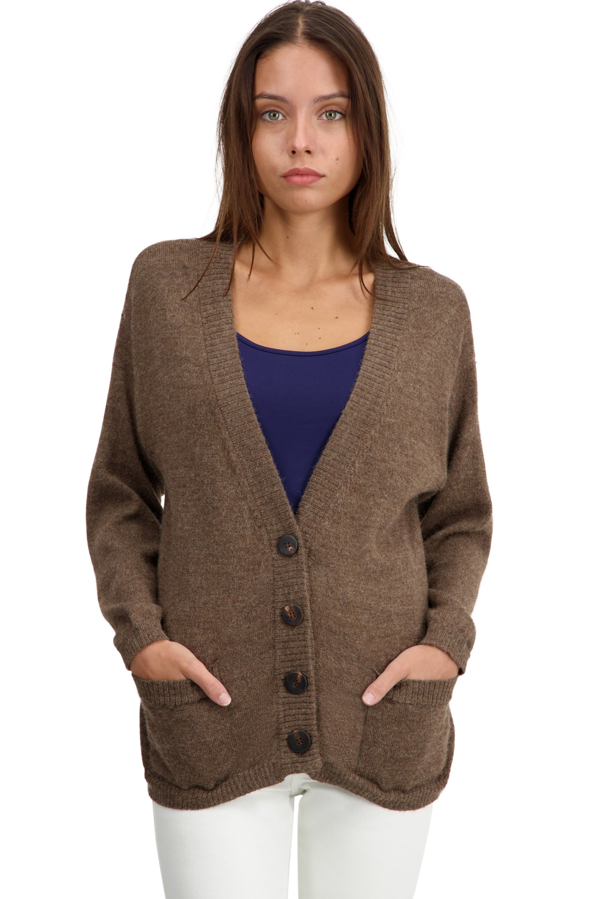 Cardigan en baby alpaga, 100 % Baby Alpaga, femme, col col v, fermeture à boutons, coupe droite, manches longues, normale / 2 et 4 fils, tricot normal, Mahogany