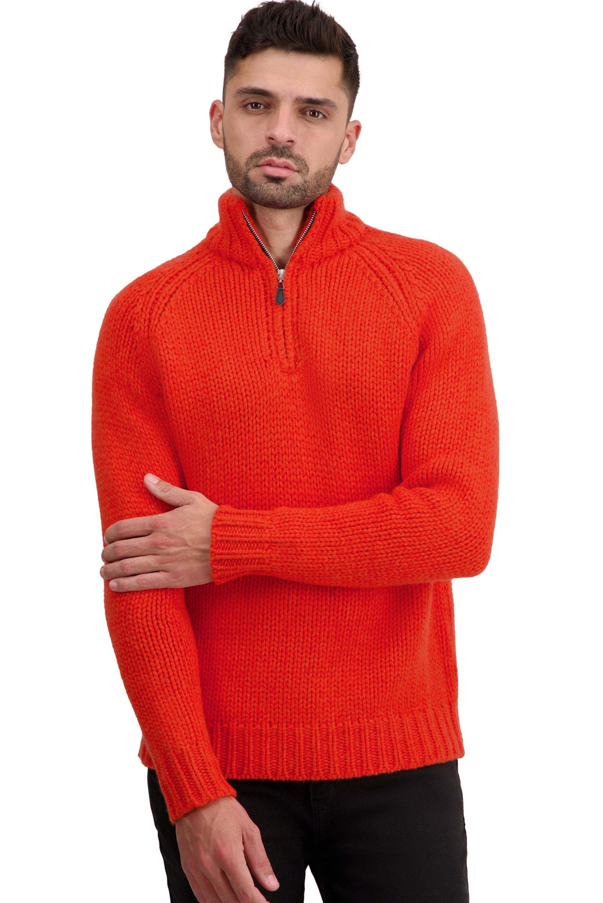 Pull en cachemire, 100 % Cachemire, homme, col col camioneur, fermeture zip, coupe droite, manches longues, grosse / 6 fils et +, tricot normal, Mahogany