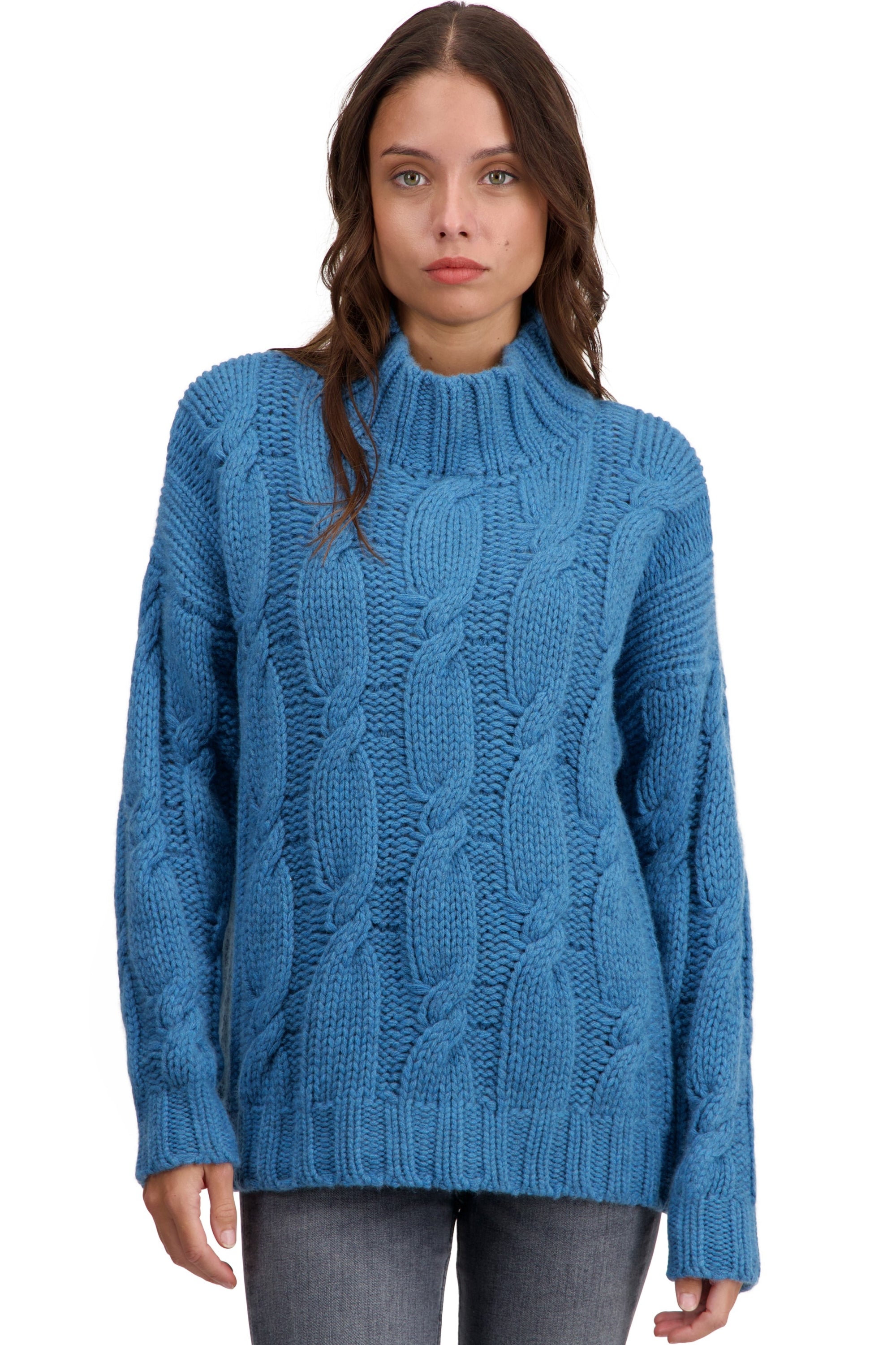Pull en cachemire, 100 % Cachemire, femme, col col montant / col cheminée, coupe ample, manches longues, grosse / 6 fils et +, torsade, Mahogany