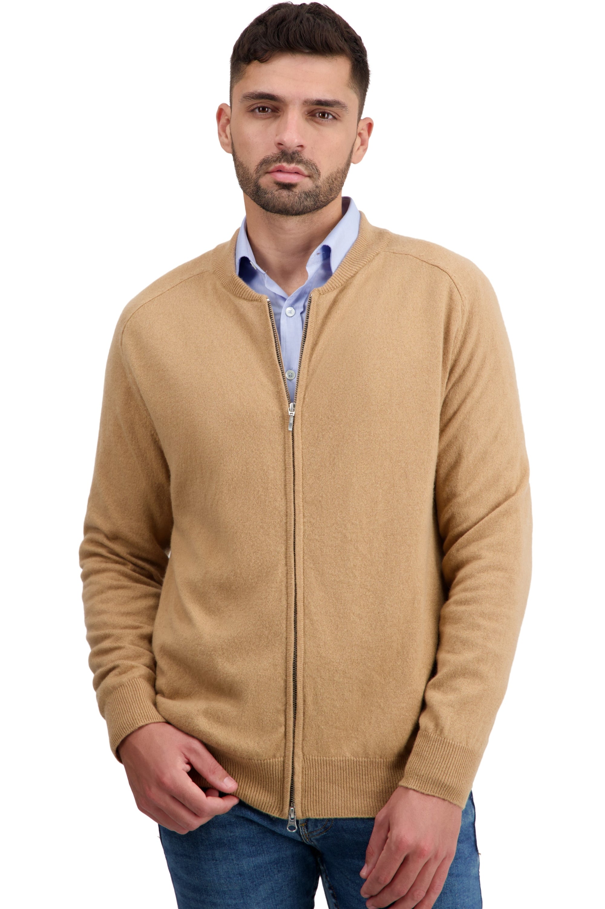 Cardigan en cachemire, 100 % Cachemire, homme, col col rond, fermeture zip, coupe droite, manches longues, normale / 2 et 4 fils, tricot normal, Mahogany