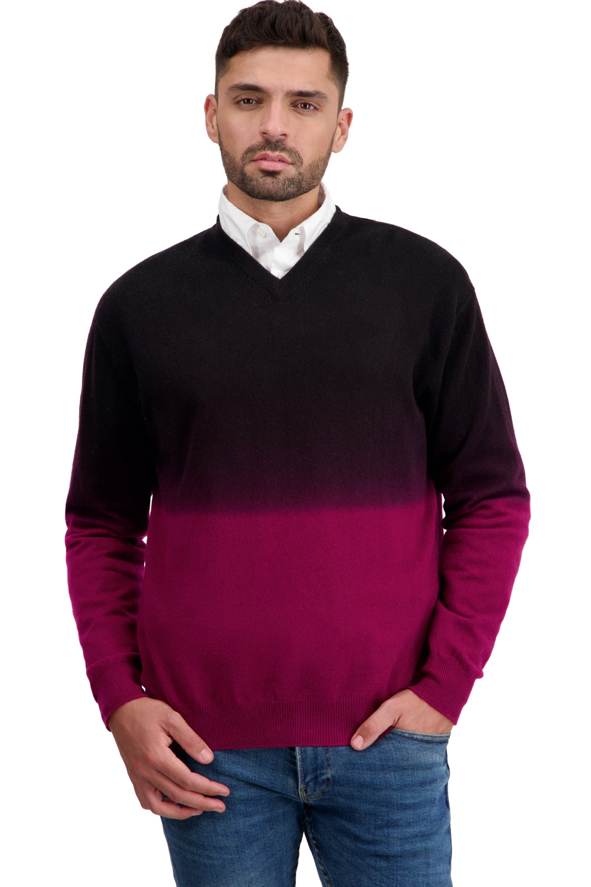 Pull en cachemire, 100 % Cachemire, homme, col col v, coupe ample, manches longues, tie and dye, normale / 2 et 4 fils, tricot normal, Mahogany